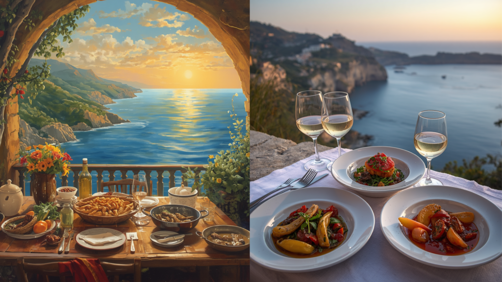 Sicily — cannoli, caponata, pasta alla Norma Sardinia — porchetta, pan carrau